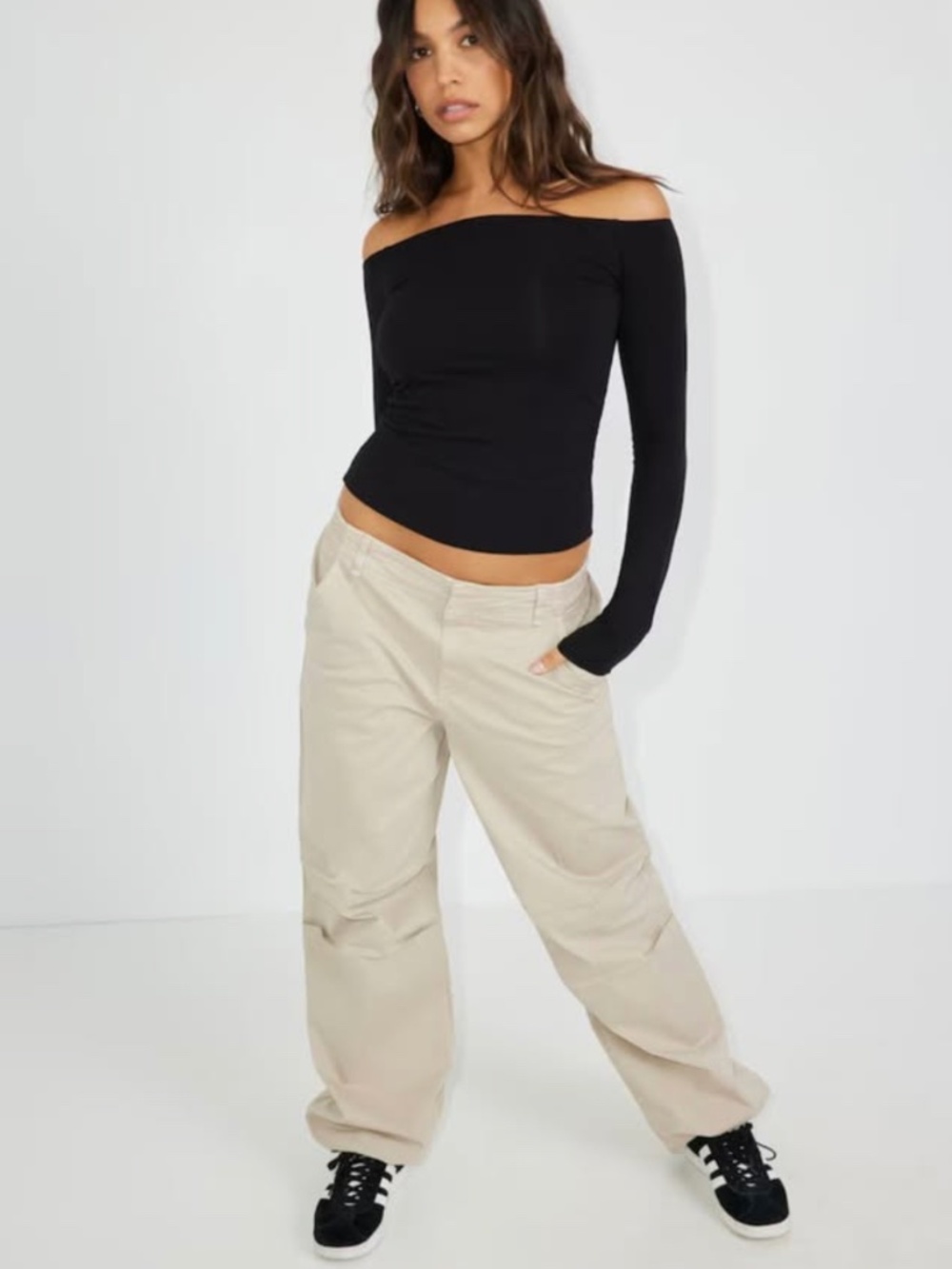 Garage black long-sleeve off-the-shoulder top